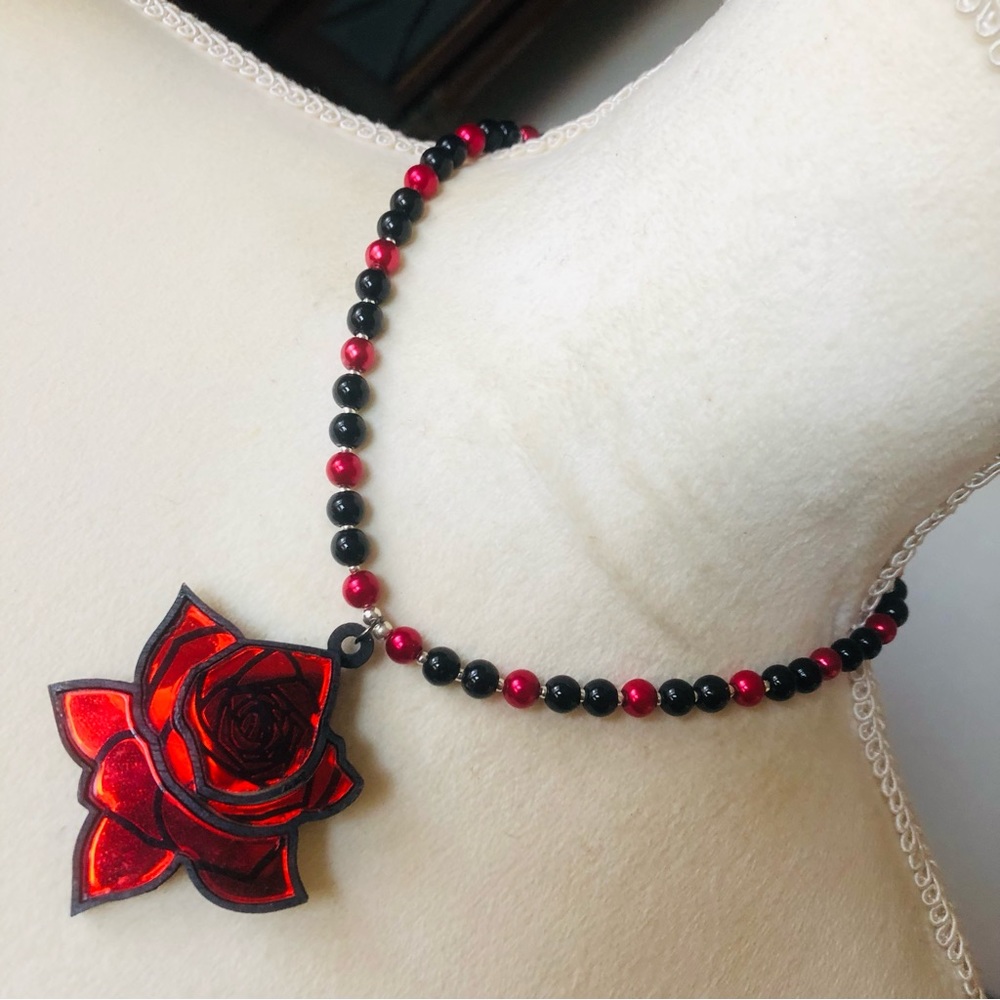 Handcrafted repurpose large textured rose pendant Czech glass Pearl necklace